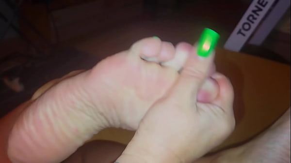 The stepmother allowed the stepson to watch as she lubricates her feet with cream